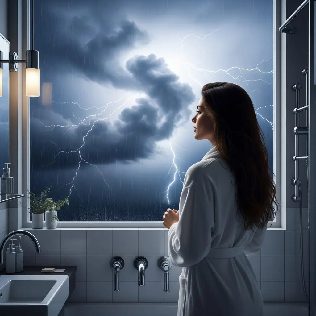 Vrouw in badkamer met onweer zichtbaar door het raam